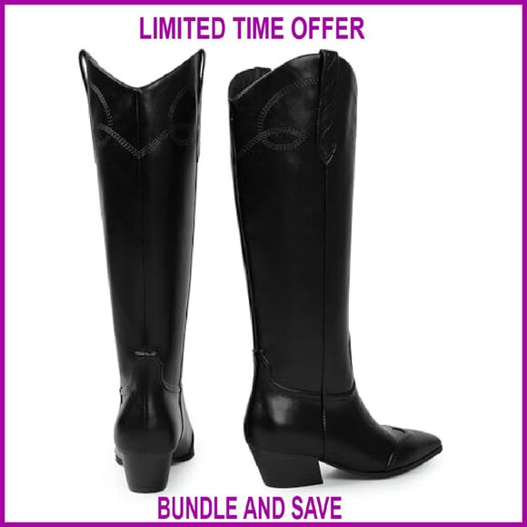 Square Toe Knee High Cowgirl Boots with Chunky Heel Western Style - Picture 5 of 8